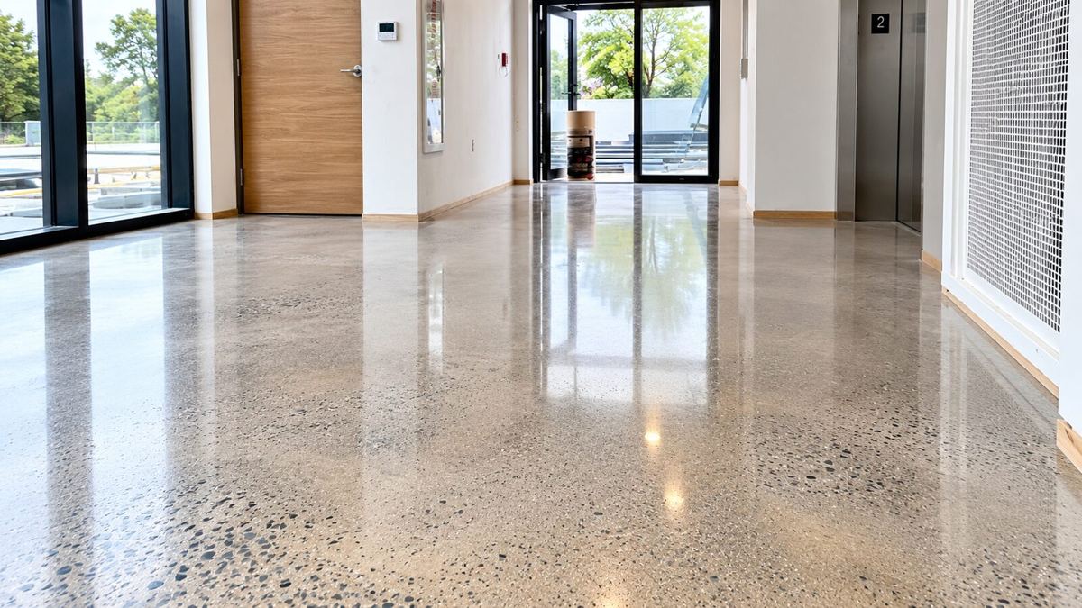 Ground-floor lobby at Upton Mansion with an exposed-aggregate polished concrete floor reflecting the glazed entry and daylight from the window wall
